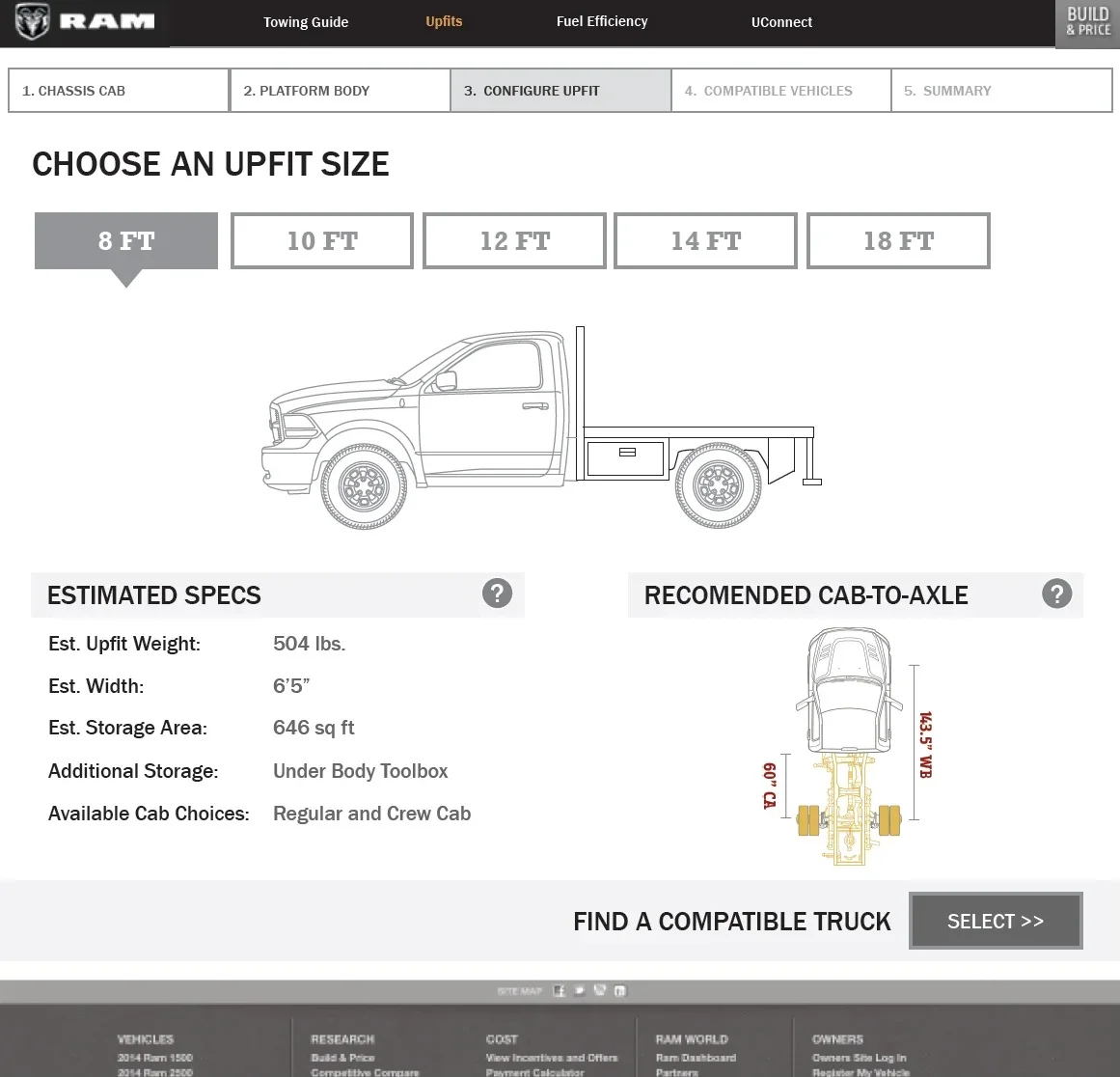RAM Upfit Guide — select size wireframe