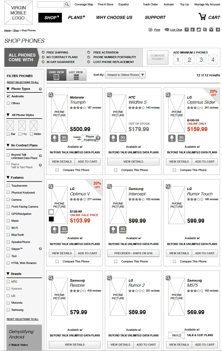 Virgin Mobile — phones page wireframes