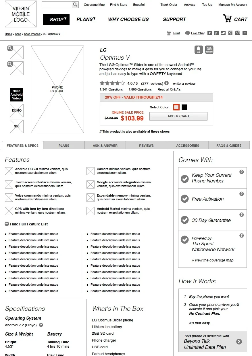 Virgin Mobile — product page wireframes